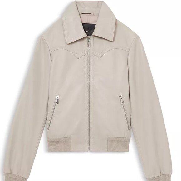 Reiss Jasmine Grey White Ivory Leather Bomber Jacket 6 medium small - Picture 3 of 7